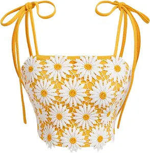 Women's Boho Daisy Floral Guipure Crop Top 3D Flower Tie Shoulder Square Neck Cute Cami Top