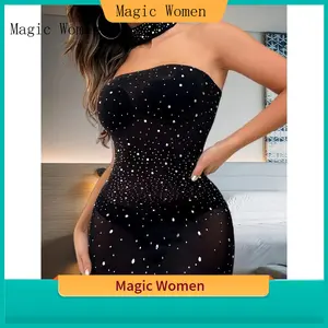 Women's Rhinestone-Embellished Mesh Party Dress Set - Sexy Off-the-Shoulder Halter Top, High-Waisted Solid Straight Bottom, Stretchy Nylon-Spandex Fabric, Perfect for Nightclubs