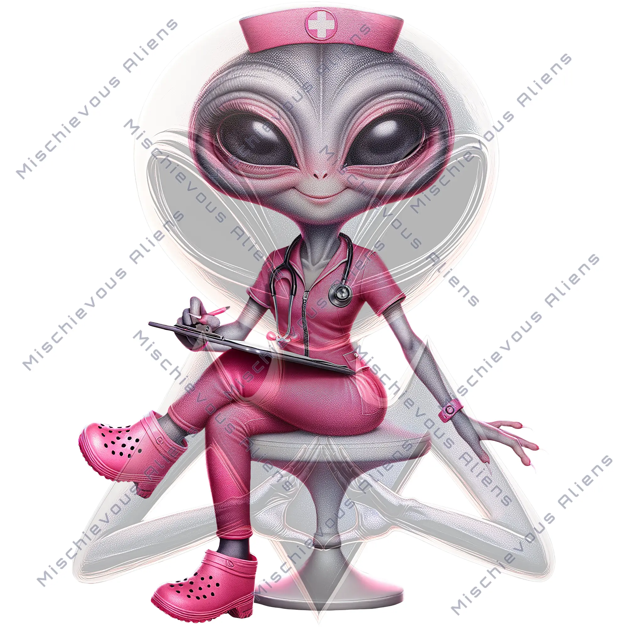 Alien Nurse Transparent Kiss-Cut Sticker by Mischievous Aliens Space UFO Unique Skateboard Extraterrestrial Galactic Quirky Decal Art