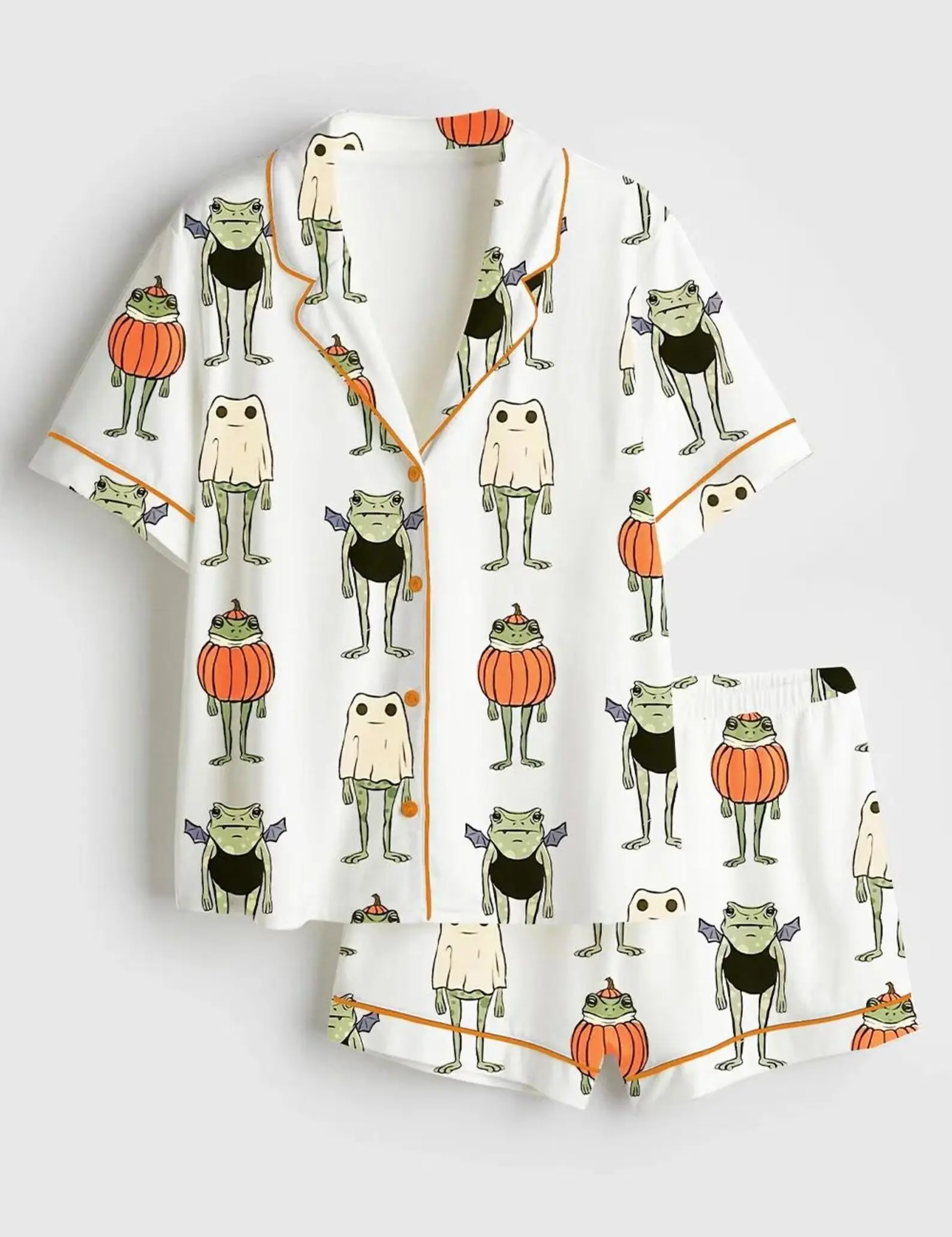 Funny Halloween Style Women's Pajama Set, Frog Pumpkin Print Short Sleeve Button Down Sleepwear, Cute Holiday Lounge Wear