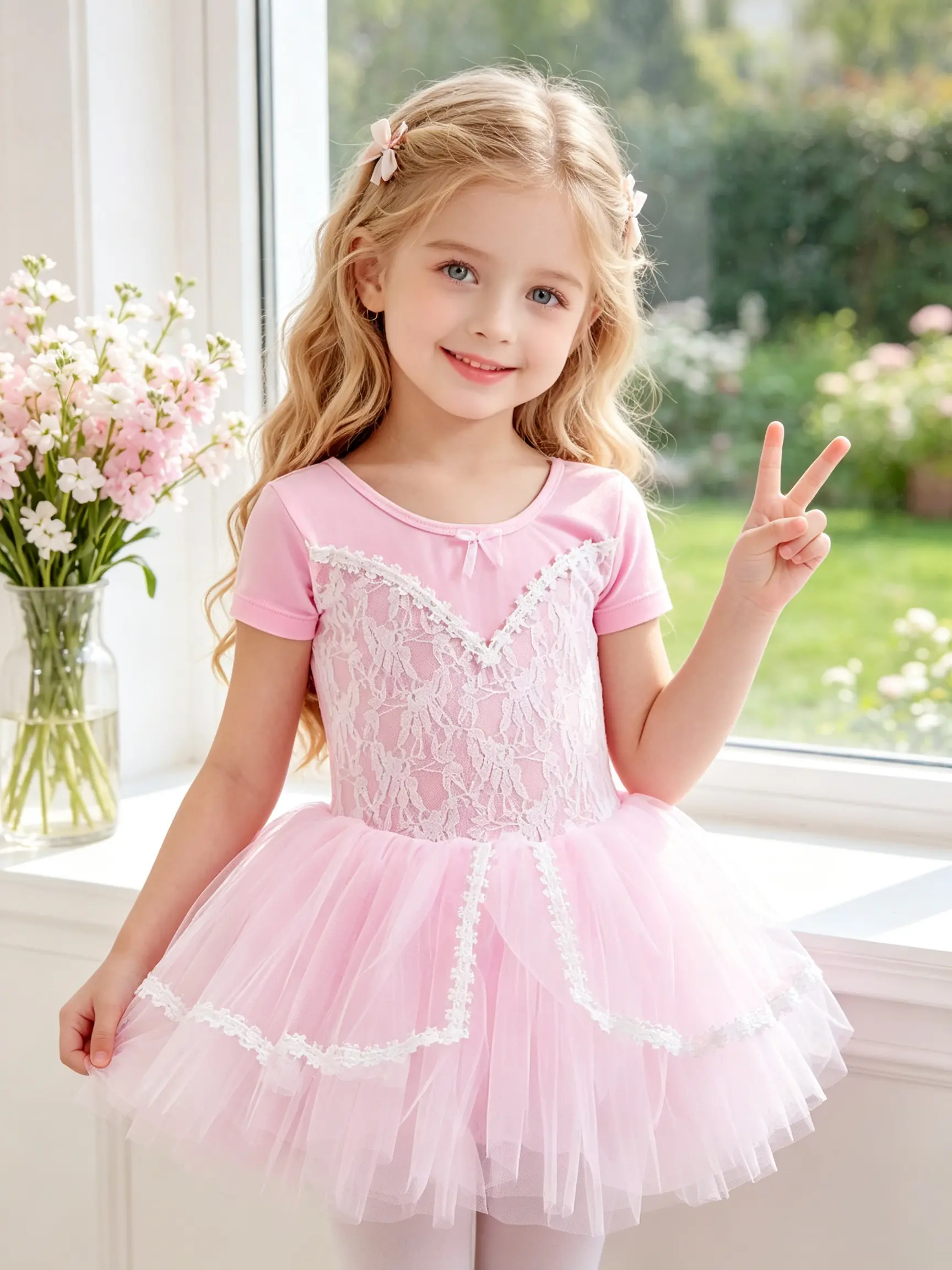 Little Girls Short Sleeve Lace Ballet Leotard Tutu Dress, Floral Lace Mini Bow Back U-Neck Toddler Dance Costume for Ballet Class Training Stage Performance Birthday Party