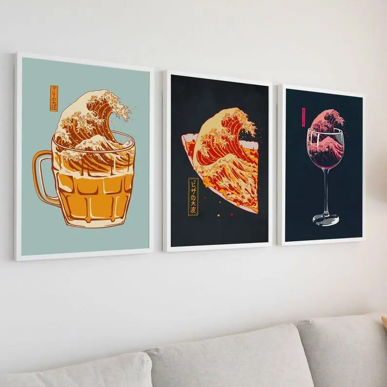 Japanese Wave Kitchen Wall Art Set of 3, Beer Pizza Wine Posters