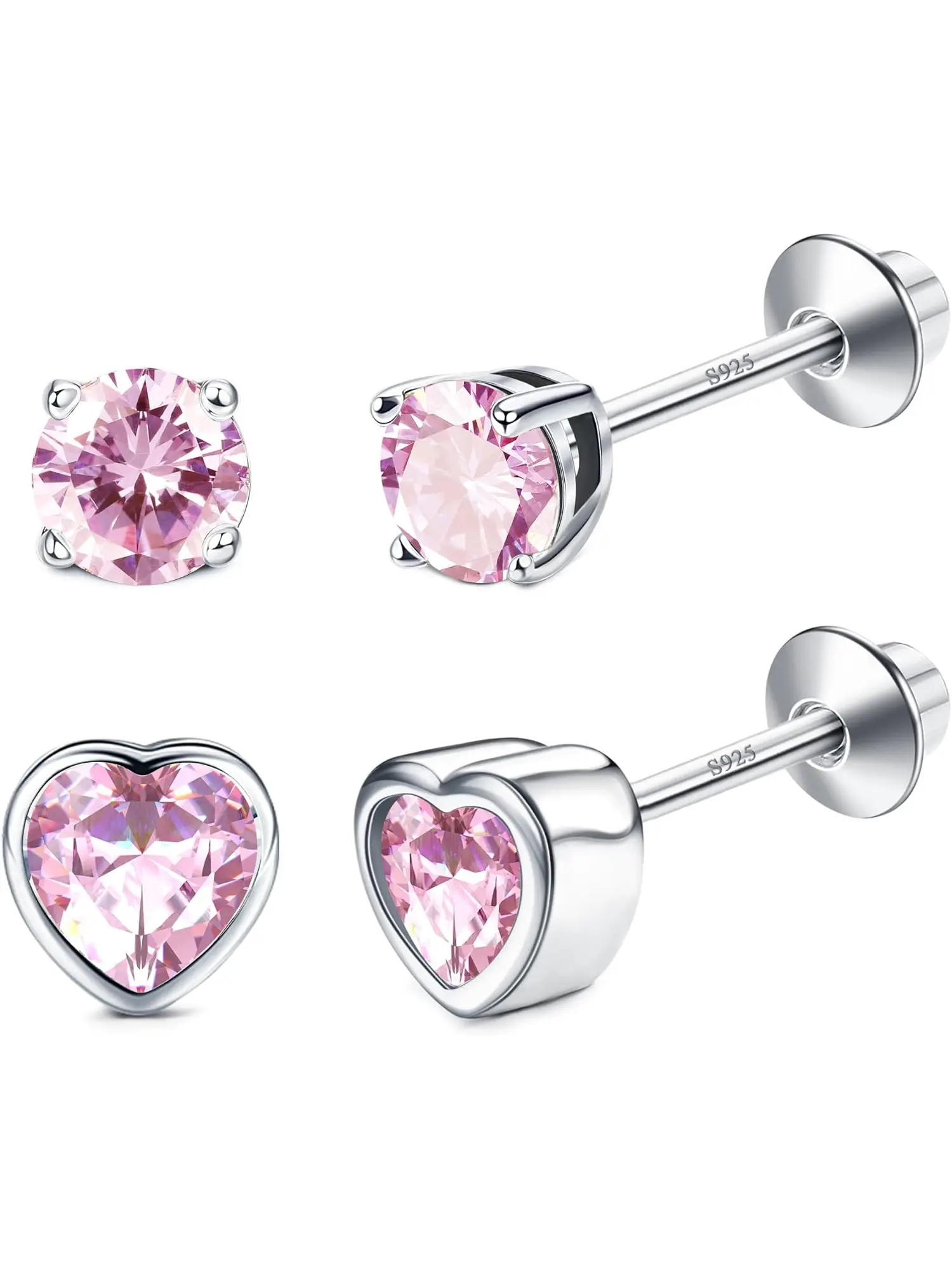4 Pcs Hypoallergenic Earrings for Girls Women S925 Sterling Silver Birthstone Earring Heart CZ Toddler Earrings Screw Back Earring for Sensitive Ears Jewelry Gift Stud Earring Jewelry
