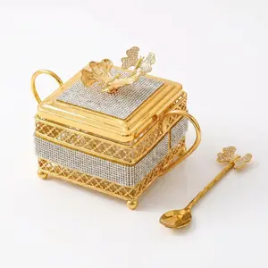 Luxury Diamond Studded Metal Sugar Canister, Food Storage Jar, with Lid and Spoon, Ideal for Elegant Afternoon Tea and Home Decoration