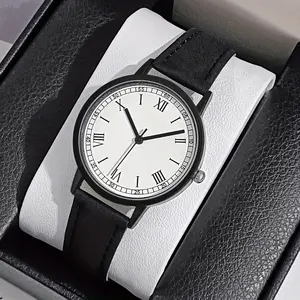 Casual Round Pointer Quartz Watch Rome Fashion Analog Matte Color PU Leather Wrist For Women Female