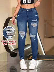 Women's Printed Leggings Non-Denim Fabric, Fit European Style Hot Girl Pants, Full-Body Faux Jeans Pockets Buttons, Spring Summer Fashion Bottom