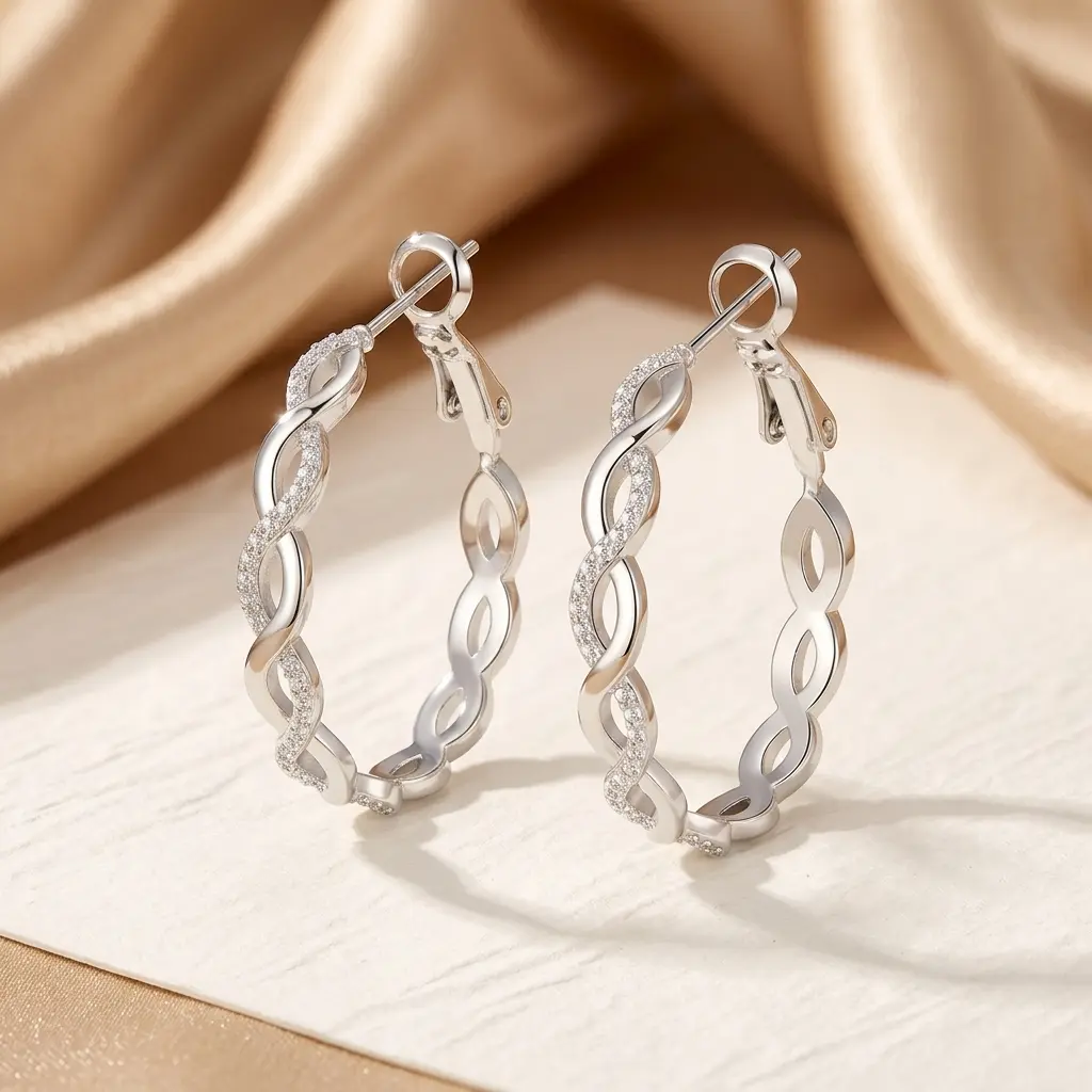 30mm Silver Infinity Twist Hoop Earrings  Sparkling Micro Pave Diamond Mobius.
