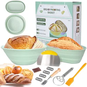 Silicone Banneton Bread Proofing Basket Set – 9" Round & 10" Oval Foldable Sourdough Baking Basket with Bread Lame & Dough Scraper, Non-Stick Easy Clean Bread Making Kit for Home Bakers (Green)