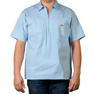 Ben Davis Menswear Cotton Striped Half-Zip Short-Sleeve Fitted Light Blue Workwear Shirt with Chest Pockets & Zippered Pencil Pouch
