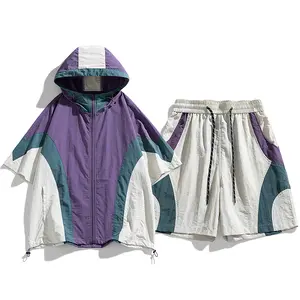 Two Piece Matching Tracksuit for Men, Curved Color Block Zip Hood Jacket + Drawstring Shorts, Light Quick Dry Wrinkle Resistant Fabric, Adjustable Hood, Hem Drawstrings & Side Pockets, Casual Outfit for Summer Daily Outdoor Wear and Athletic Training