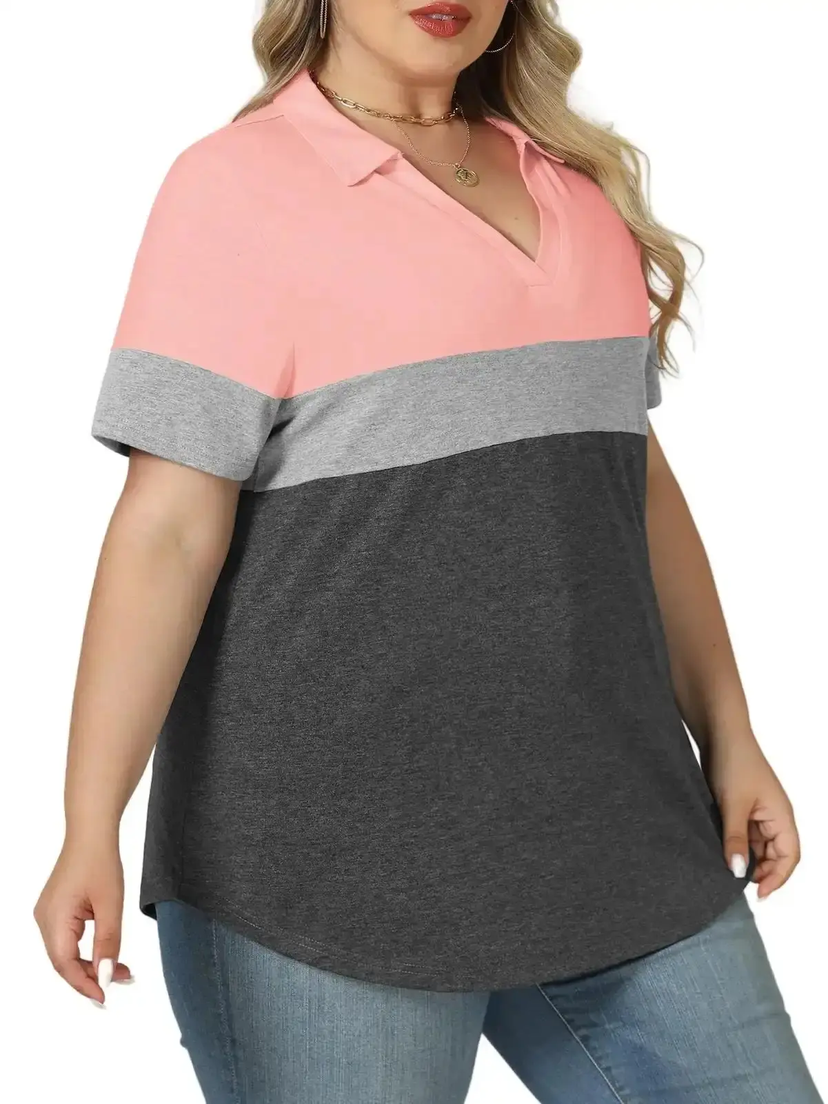 Women’s Plus Size Summer Tops Casual V Neck Polo Shirts Loose Fit Short Sleeve Color Block Collared Tees XL-5XL RPS2149 oversized tshirt women warm weather dressed down must have clean look