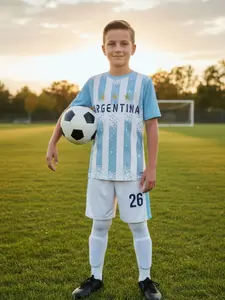 Kids Soccer Jersey Set - Youth 2-Piece Football Uniform with Shorts, Argentina-Style Pixel Stripes & 3 Stars for Boys Girls