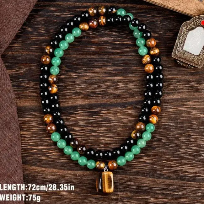 Natural Green Aventurine and Tiger's Eye Necklace | Square Tiger's Eye Pendant — Unisex, Offering Protective and Healing Properties