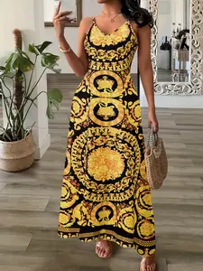 Elegant Retro Vintage Printed Spaghetti Strap Dress with Bold Gold and Black Patterns for Women Classic Design with Modern Twist
