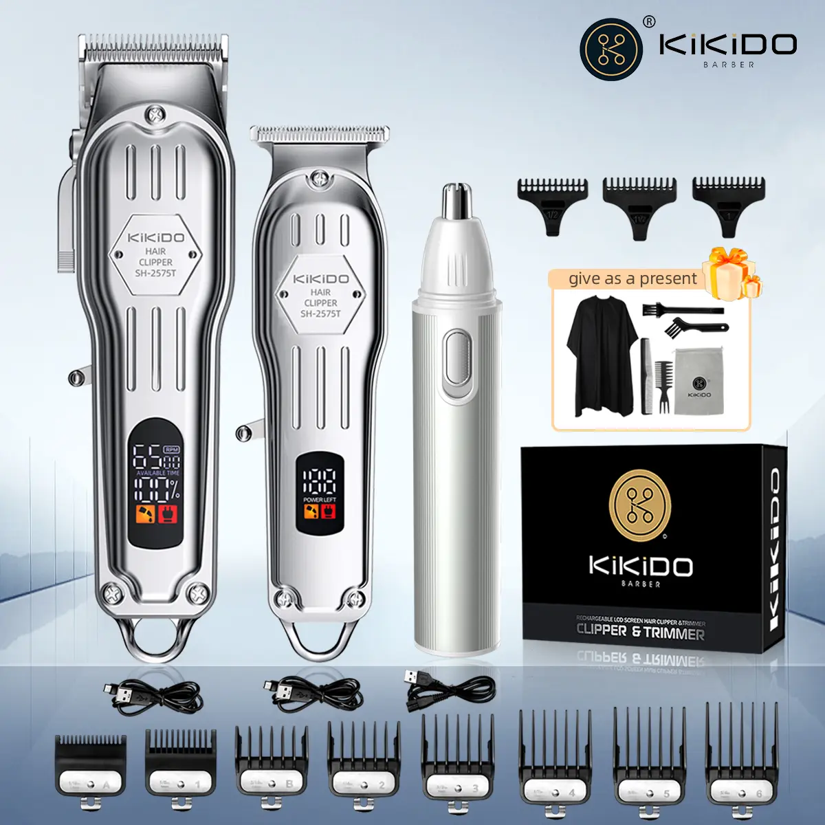 KiKiDO Barber Hair Clipper Trimmer Kit Cordless Rechargeable for Men Women Children Home & Salon Use Dual Clippers + Nose Trimmer LCD Screen Long Battery Life Full Accessories