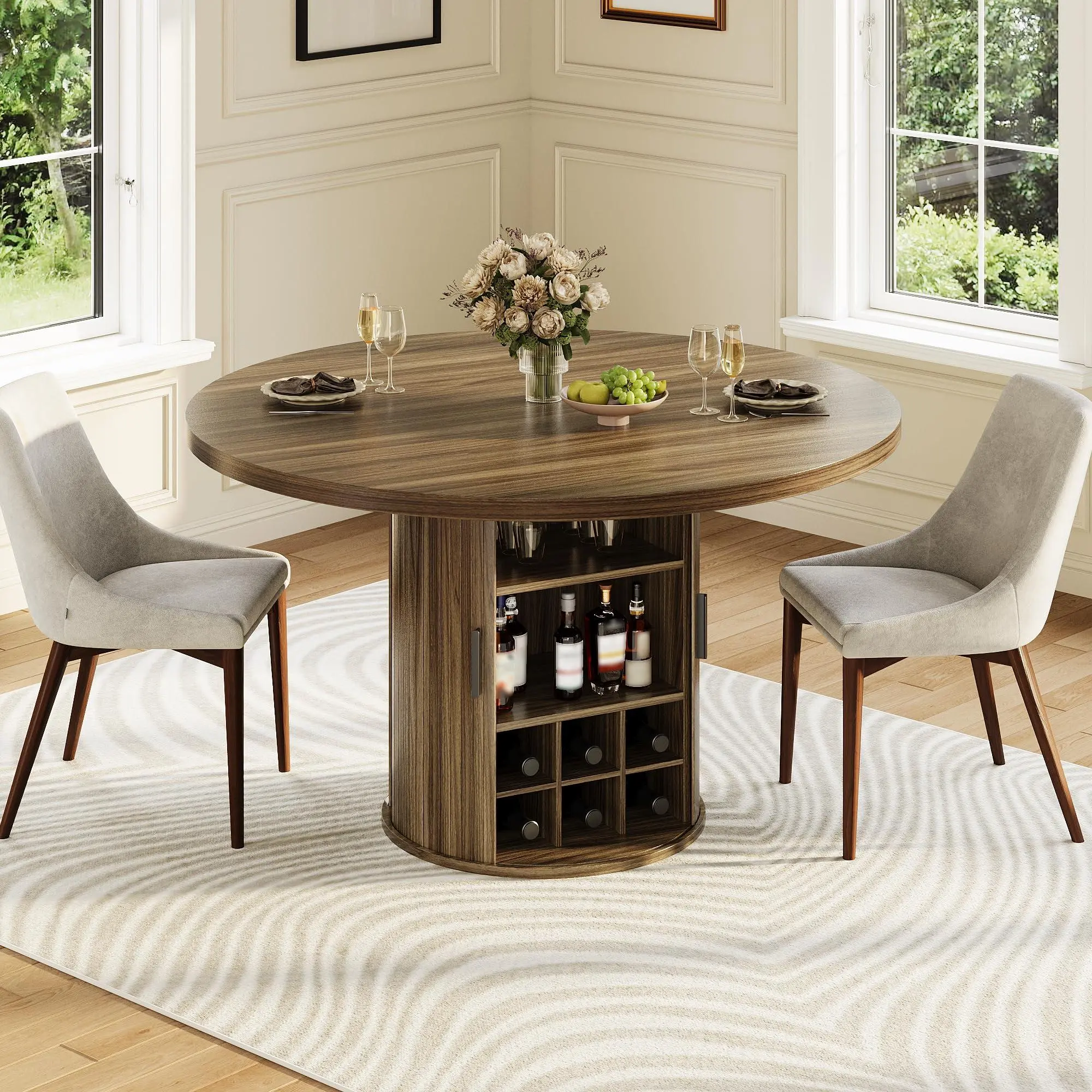 Walnut 47" Round Dining Table for 4-6 | Kitchen table with wood sliding door & 3-layer storage shelf for dining room/living room,(chairs not included)
