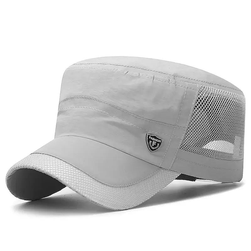 Men's Mesh Military Cadet Cap - Breathable Short Bill Sports Hat, Quick Dry Mesh Caps for Outdoor Fishing, Hiking, Black + Light Gray Hats for Males