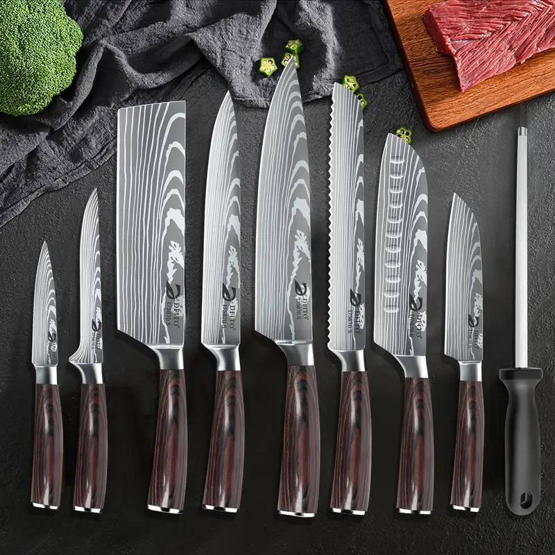 Professional Kitchen Knife, 9 Piece Chef's Knife Set Sharp knives for the kitchen High Carbon Stainless Steel, Japanese Cooking Knife with Roll Bag Retro Blade