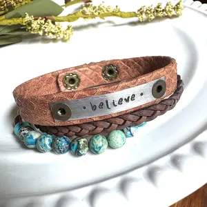 Believe Inspirational Brown Leather & Bead Bracelet Stack Set with Imperial Blue Agate Beads and "Believe" Engraved Tag