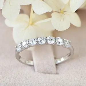 Janefashions 7-Stone Round Cut CZ Sterling Silver Half Eternity Wedding Band Bridal Celebration Anniversary Ring S14163