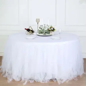 Tulle Table Skirt 17ft White - 4 Layer Pleated Tutu for Stylish & Soft Event Table Cover