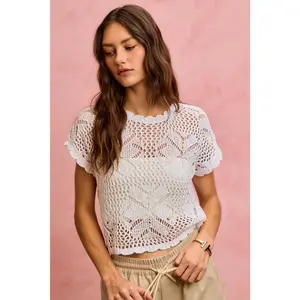 SO ME Crochet Scallop Edge Short Sleeves Knit Cover Up
