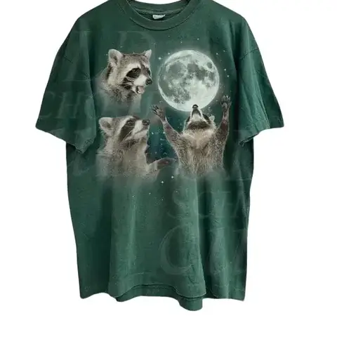 Men's Retro 3 Raccoons Moon Graphic Cotton T-Shirt - Handmade Short-Sleeve Crewneck, Loose Oversized Washed Baggy, Custom Printed, Cold Wash Print-Preserving, Fun Casual Meetup Pick, Streetwear, All Seasons