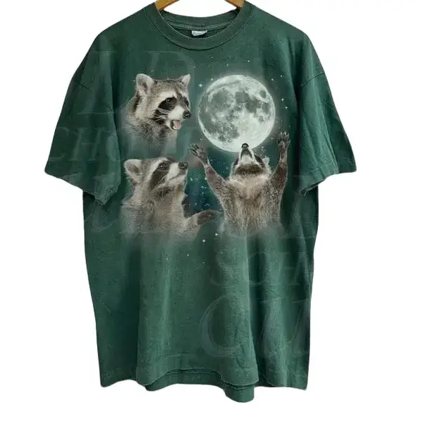 Three Raccoons Vintage Graphic T-shirts Retro Raccoon Moon Tshirt for Raccoon Lovers Funny Raccon Tee Oversized Washed Tee Raccoon Gifts Menswear Top