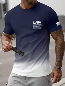 Men's Gradient T-Shirt with NASA Element Design, Casual Short Sleeve Top for All Seasons, Comfortable Fitted Style for Ages 13-54