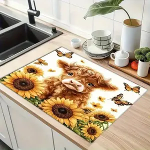 1pc Scottish Highland Cow & Sunflower Non-Slip Appliance Cover - Heavy-Duty Neoprene-Like Chloroprene Rubber Stove Protector, Microwave Pad, Stovetop Cover & Laundry Room, Cute Scottish Cow & Sunflower Decor Easy-Clean