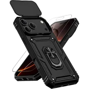 for iPhone 17 Pro Max Case, with Slide Camera Cover HD Screen Protector [Military Grade 16ft. Drop Tested] Ring Holder Kickstand Protective Phone Case for Apple iPhone 17 Pro Max, Black Metal Shockproof