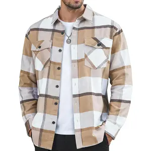 Flannel Shirt for Men Brushed Cotton Plaid Shirt Jacket Spring Fall Casual Long Sleeve Button Down Shacket 2 Pockets