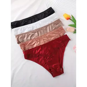 Women's 5-Pcs Chic Satin Briefs - Elegant Smooth Fabric, Sexy Lace Trim, Stitching-Enhanced Comfy Breathable Panties, Minimalist Basic Mixed-Color Underwear for Fall & Winter