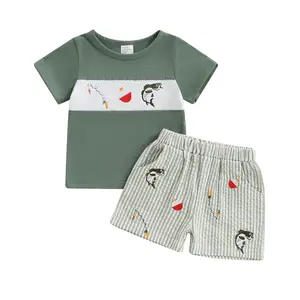 Toddler Baby Boy Fishing Outfit Short Sleeve Smocked T Shirt Elastic Waist Striped Shorts Infant Summer Clothes