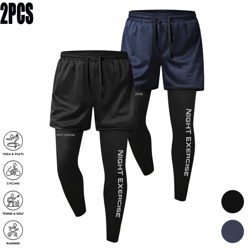 Men’s plus-size quick-dry athletic pants two-pack with a faux two-piece design. Korean casual sporty style. Breathable, skin-friendly mesh fabric—comfortable for long wear without feeling stuffy from sweat. Highly elastic inner layer that accommodates var