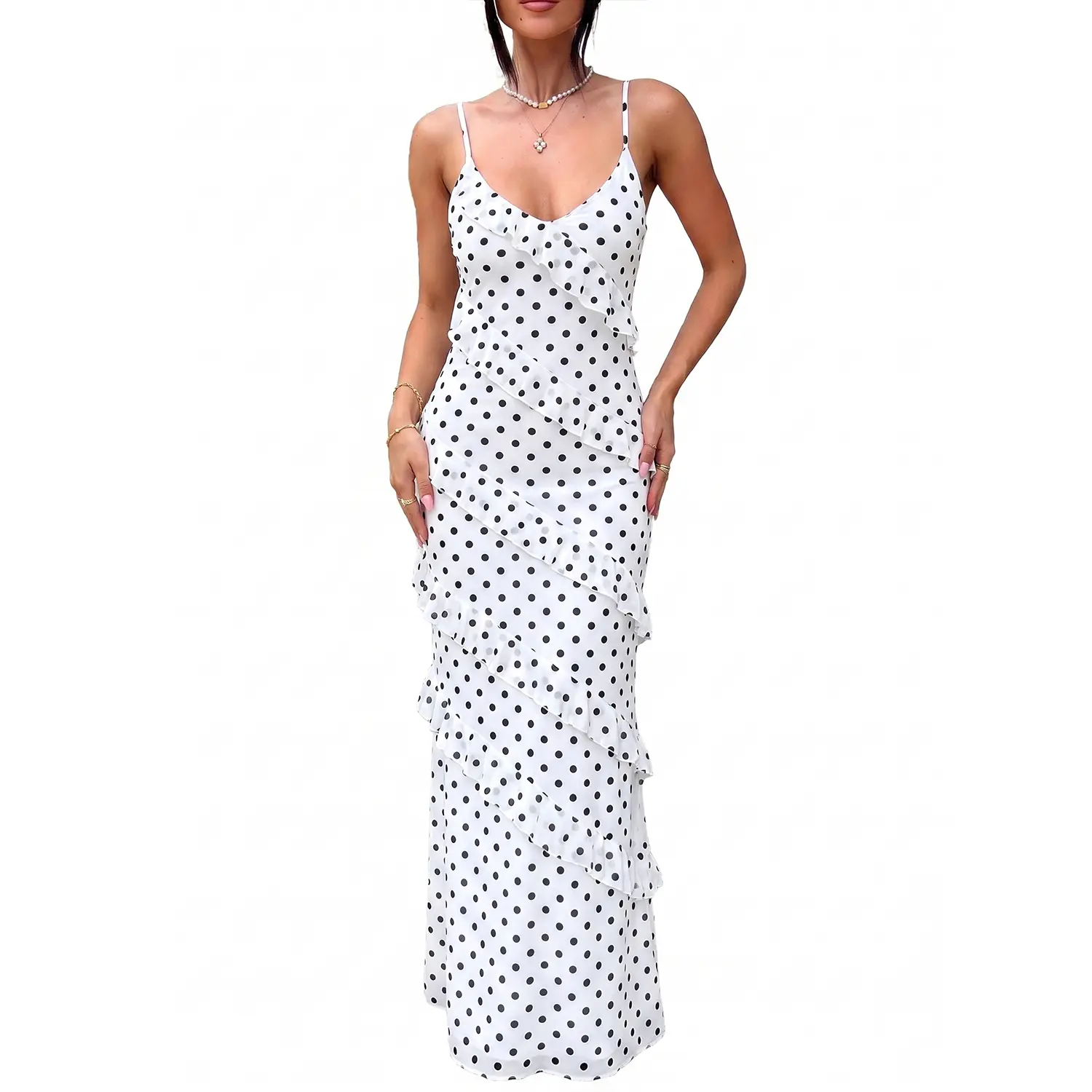 HOCILLE Women's Polka Dot Mesh Maxi Dress - Sexy Ruffle Wedding Guest Dress, Summer Vacation Beach Aesthetic Outfits, Elegant Backless Party Gown 2026 French Vintage Mesh Bodycon Maxi, Chic Cocktail Party Gown, Sexy Spaghetti Strap Backless Prom Dress