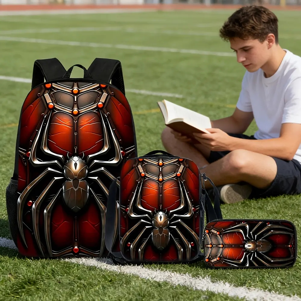 Boys' Creature-Themed 3-Piece 3D Metallic Armor Spider Print Backpack Set - 600D Oxford Cloth, Water-Resistant, Lightweight, Large Capacity, Breathable Padded Straps, Chic All-Seasons School Bag with Lunch Box, Pencil Case for Snacks & Easy to Store Pens