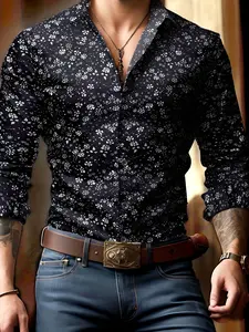 Men's Long Sleeve Button-Down Shirt, Geometric Pattern Design, Business Casual Office Wear, Ideal Gift for Parents & Loved Ones