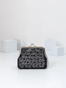 Women's 4-Inch Short Transparent Mesh Coin Purse with Heart Embossed & Leopard Plush, Stylish Clasp Mini Wallet