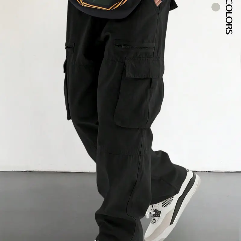 Men's Plain Waist Casual Cargo Pants, Loose Street Fashion Zipper Casual Slant Pocket Trousers, Pants for Men, Summer Work Outfits, Men's Bottoms, Casual Streetwear Trousers, Adjustable Waist Pants, Casual Streetwear Clothes