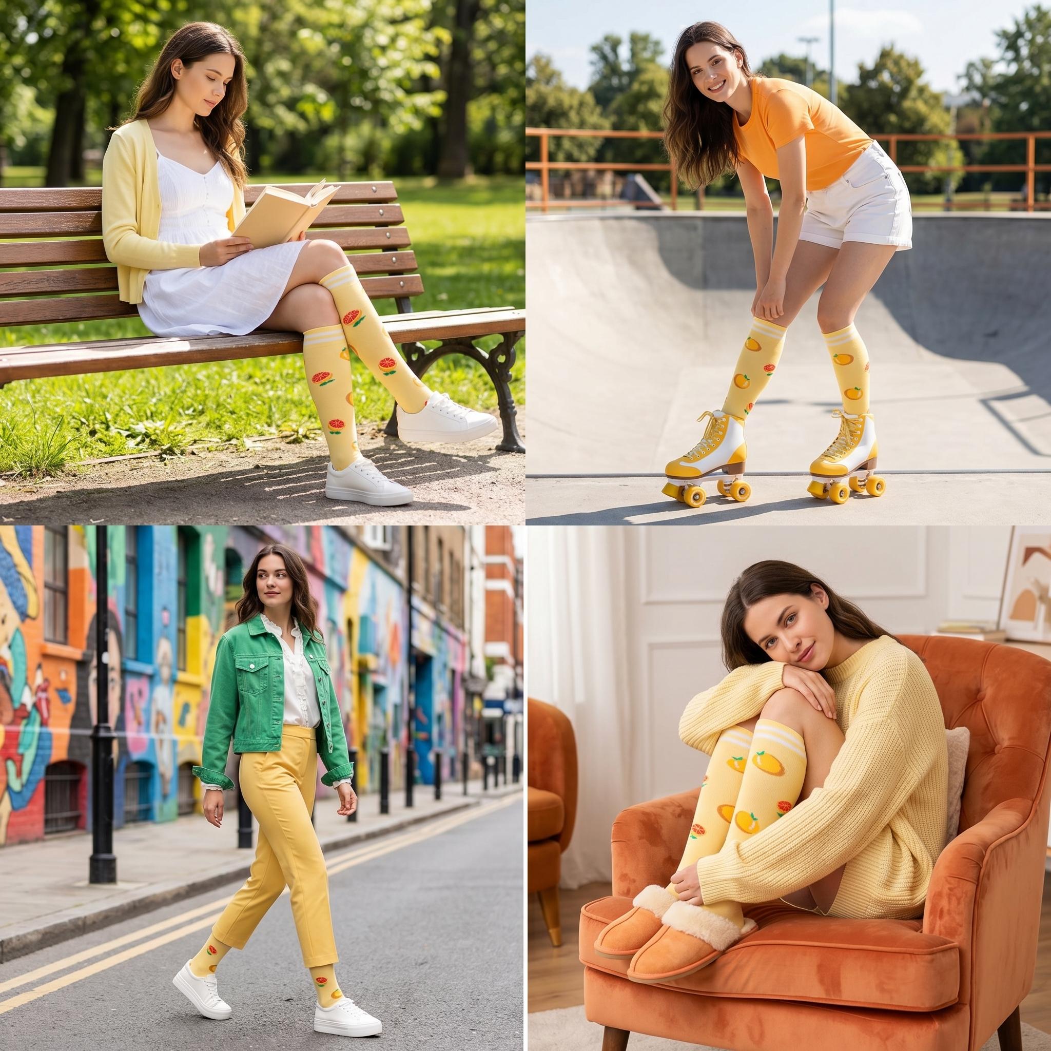 Mother's Day Gift 6 Pairs Cute Fruit Print Compression Socks 15-20mmHg Knee High Circulation Support for Nurse Running Travel Daily Wear Breathable Moisture-Wicking Fabric Non-Slip Cuff