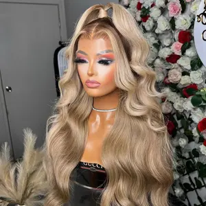Ombre Blonde 13X6 Transparent Lace Frontal Human Hair Wig Brown Root Body Wave Ash Blonde Colored Brazilian Remy Hair Wigs For Women  Pre-Plucked With Baby Hair 200% Density Can Do Ponytail Hairstyle
