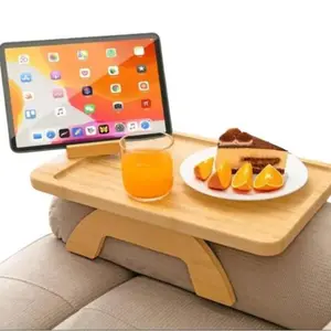Bamboo Couch Arm Tray Table, Clip On Side Table for Wide Couches Arm with 360° Rotating Phone Holder, Foldable Armrest Tray Table for Eating and Drink