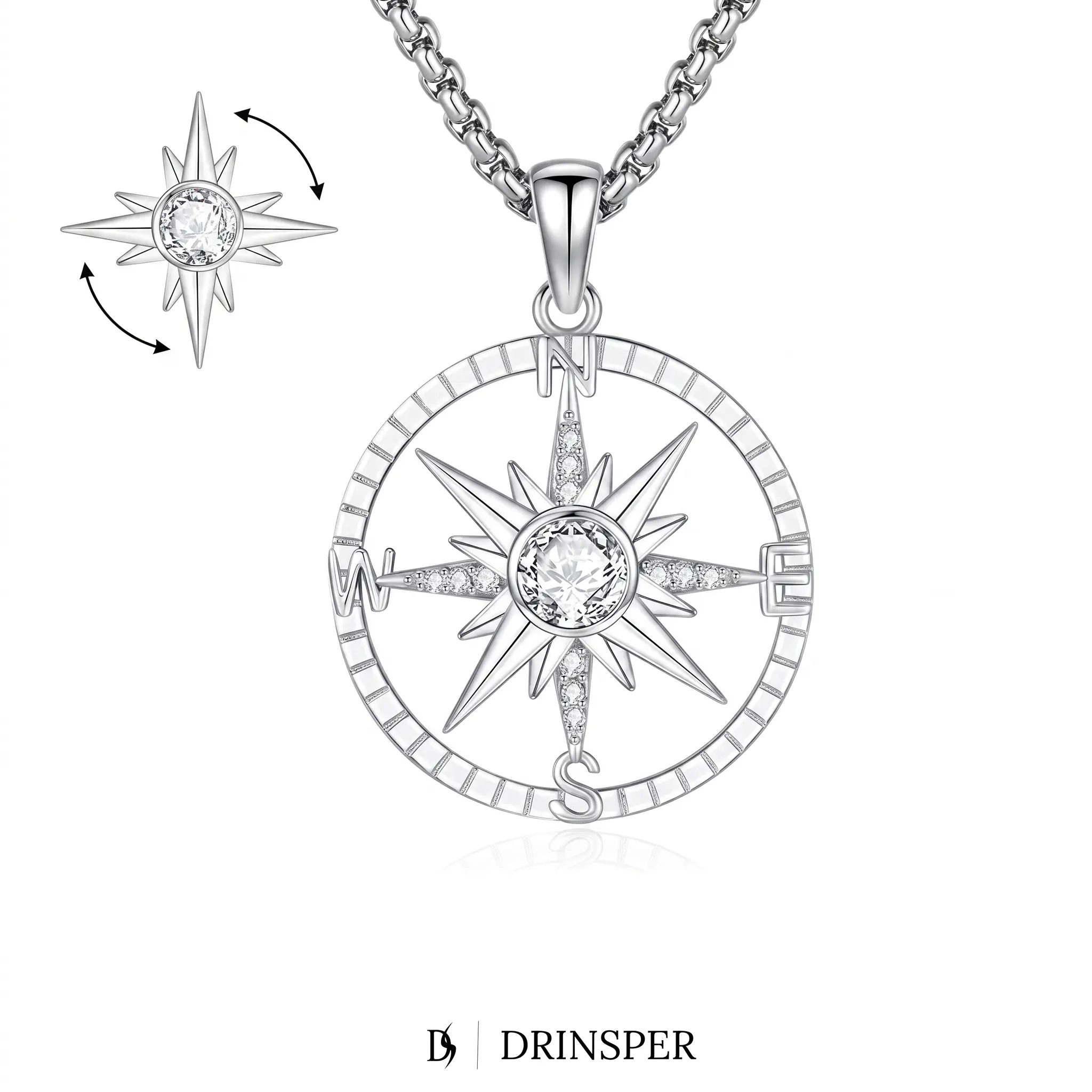 DRINSPER Rotating Birthstone Compass Necklace for Women Men, Vintage Compass Pendant with AAAAA Cubic Zirconia, White Gold Plated Copper Necklace, Adjustable 20+2 Inch Stainless Steel Chain, Graduation Travel Friendship Gift, Spinner Jewelry, Gift Ready