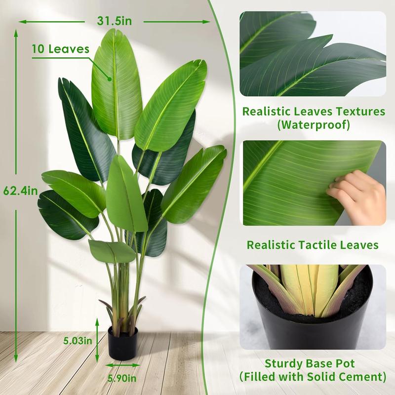 fake bird of paradise 5.3 Foot banana leaf plant, 63 inches faux banana leaf treefor Indoors and Outdoors,Faux Palm Tree with Plastic Pot for Office and Home Decor