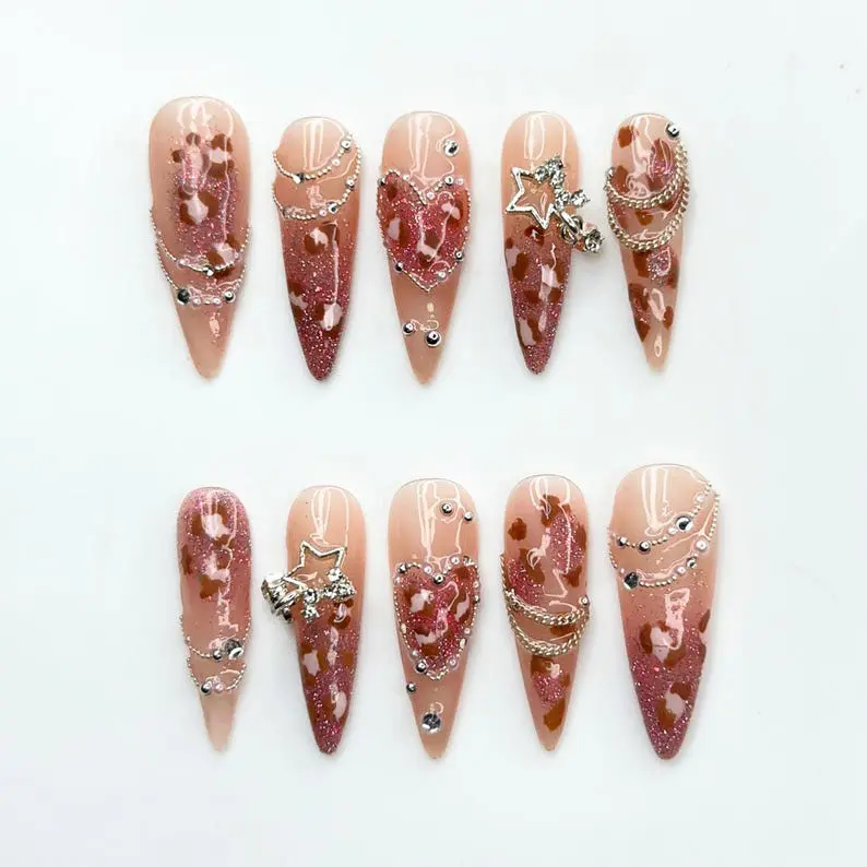 Leopard Print Press On Nails | Luxury Gyaru Y2K Stiletto Fake Nails with Silver Star Chain & Heart Charms | Reusable Acrylic Nails