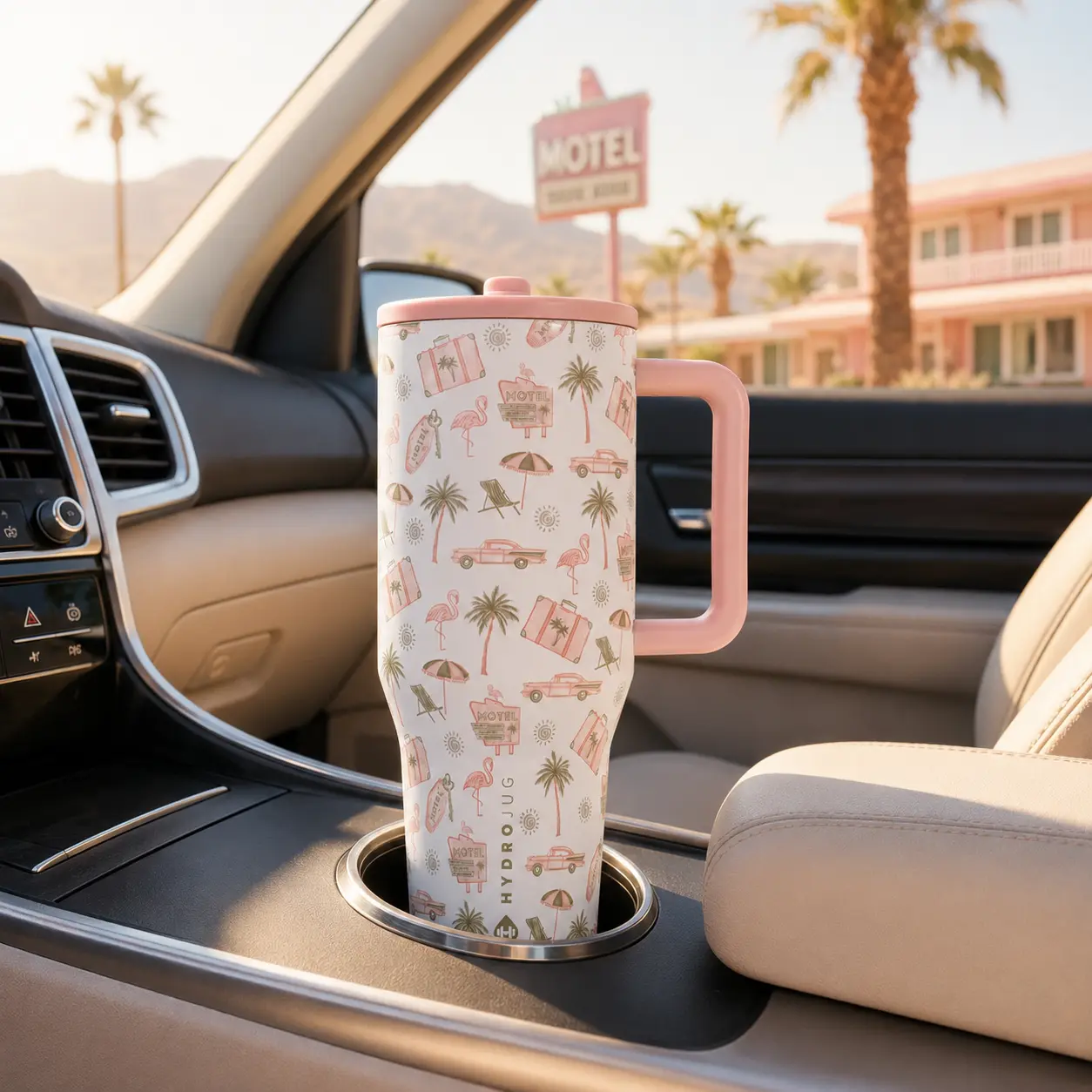 HydroJug 40oz Retro Travel Print Insulated Stainless Steel Tumbler with Handle and Leak-Resistant Lid, Reusable Water Cup for Car, Gym, Office and Road Trips