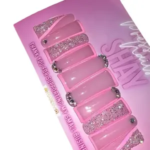 Blossom Pink GEL Press On Nails Elegant Glitter Non Acrylic Duck Shaped Size XXL