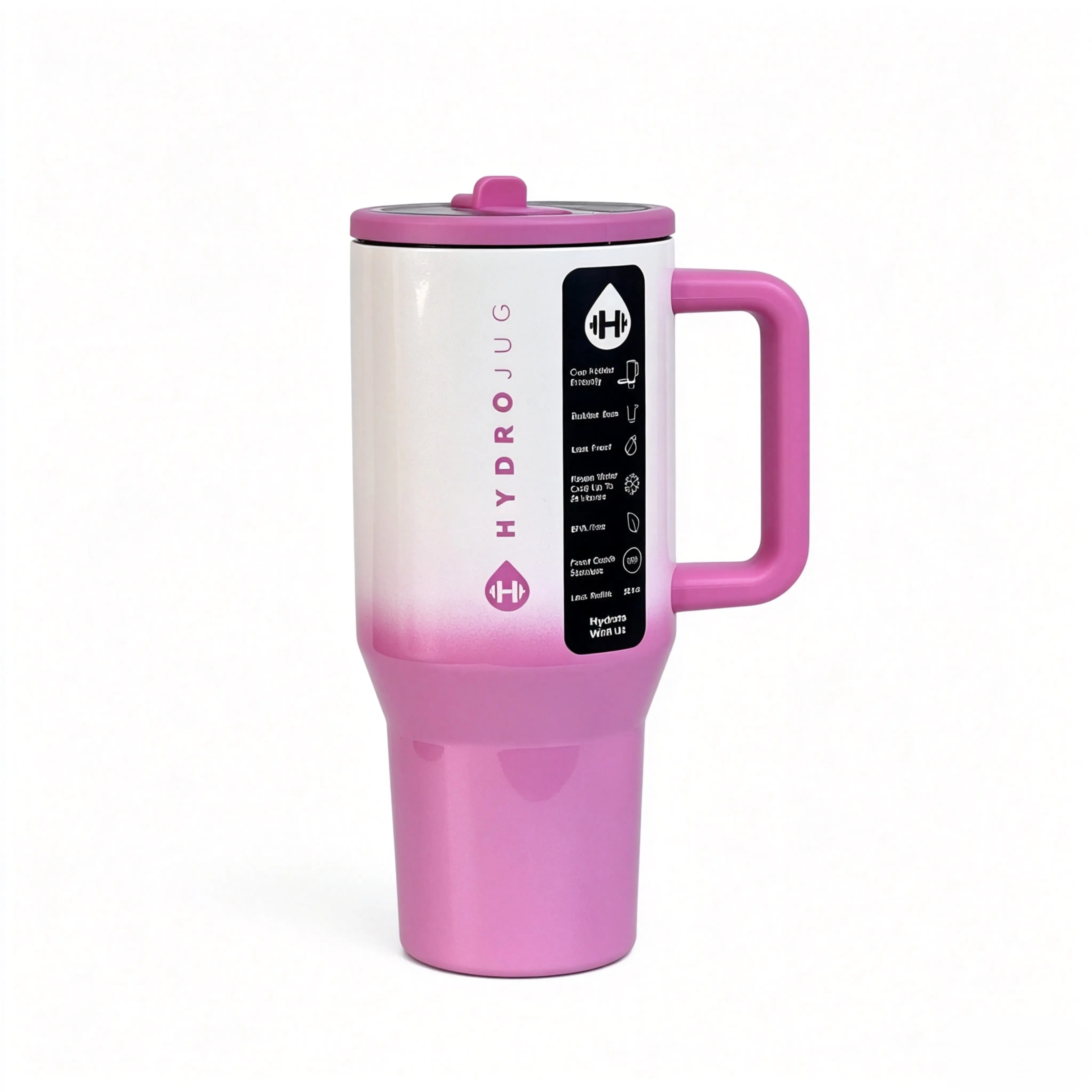 32oz HydroJug Insulated Stainless Steel Travel Tumbler - Drinkware Flask with Handle, Straw, Pink White Gradient Ombre Design, Leakproof Reusable Cup for Car, Daily Hydration, Flasks golf water cowgirl core cute pastel Stranger Things Mug tea double wall
