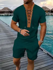 Men's Solid Color Lace Up Short Sleeve Shirt & Shorts Two-piece Set, Regular Fit Casual Fashion Cozy Breathable Shortsleeve Set for Summer, Men's Clothes for Daily Wear